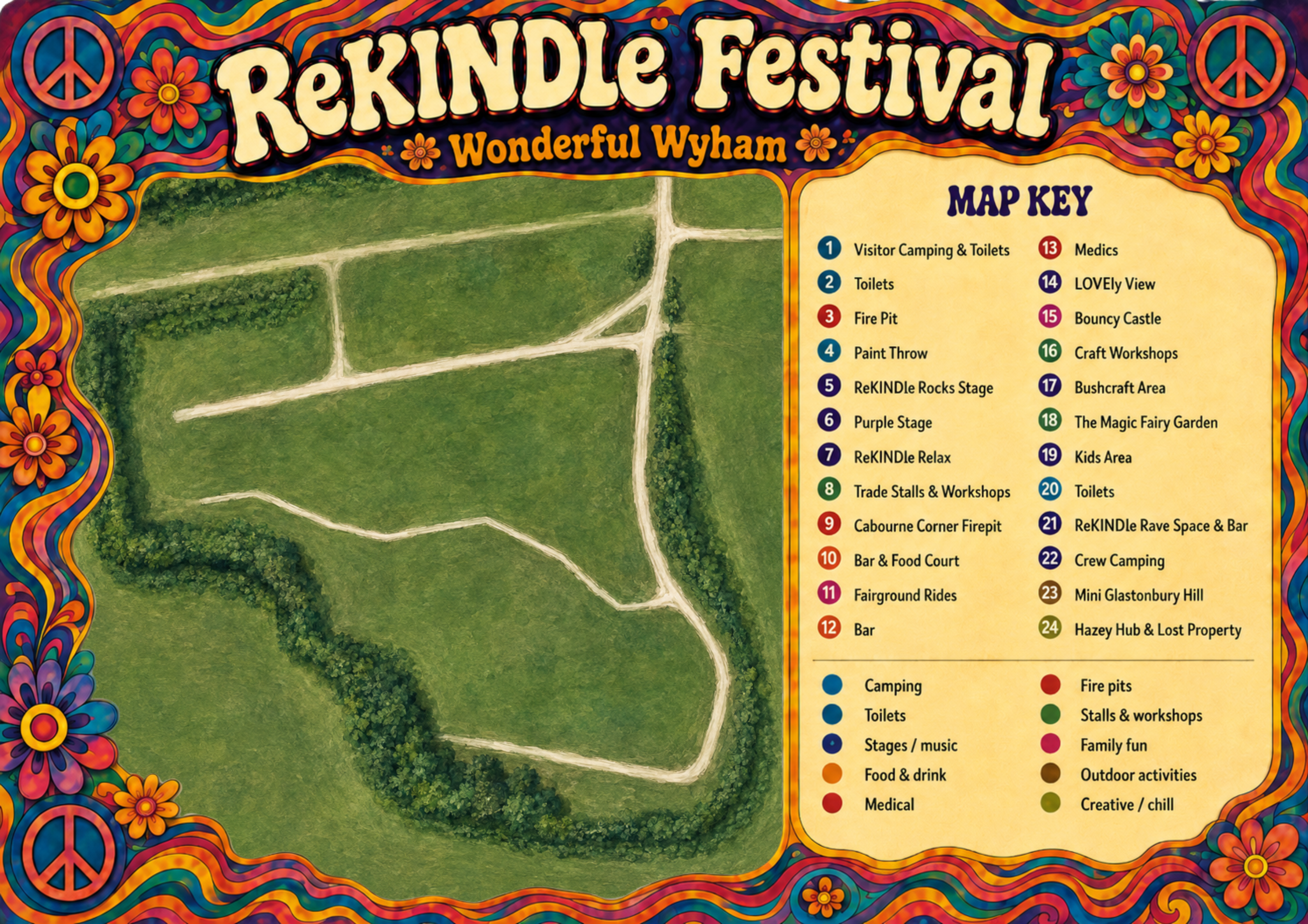 ReKINDle Festival 2026 field map preview with music stages, camping, fairground rides and activity areas